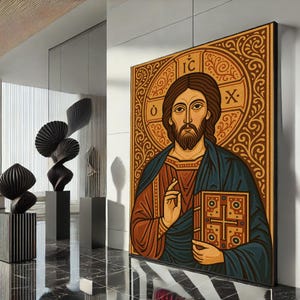 Radiant Jesus Icon Canvas Wall Art Print  Byzantine Religious Living Room Decor  Statement Piece