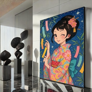 Cute Japanese Anime Girl Canvas Wall Art Print  Colorful Bedroom Wall Decor  Modern Art Lovers