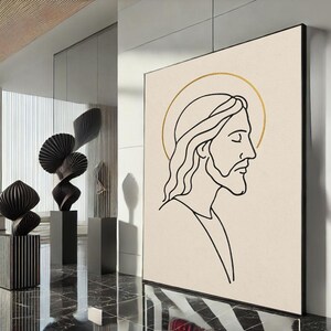 Radiant Jesus with Golden Halo Canvas Wall Art Print  Minimalist Living Room Decor  Statement Piece