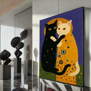 Charming Cat Duo Abstract Canvas Wall Art Print  Colorful Living Room Decor  Modern Art Lovers