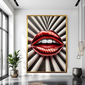 Red Glam Lips Canvas, Metallic Pop Art Wall Print, Bold Modern Poster for Bedroom or Salon, Ready to Hang, Canvas Wall Art Decor