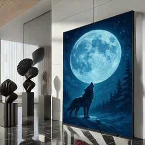 Majestic Wolf Howling at Moon Canvas Wall Art Print  Blue Tones Living Room Decor  Statement Piece