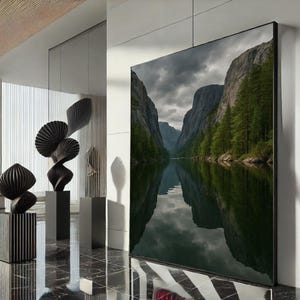 Tranquil Mountain Lake Reflection Canvas Wall Art Print  Serene Living Room Decor  Ready to Hang