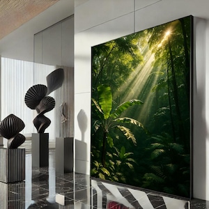 Serene Sunlit Jungle Canvas Wall Art Print  Lush Green Living Room Decor  Statement Piece for Nature Lovers