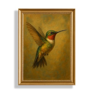 Hummingbird Art Print  Living Room PRINTABLE Wall Art  Vintage Nature Painting  Green and Gold Hummingbird Wall Art  Digital Download