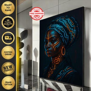 Bold African Woman Portrait Canvas Wall Art Print  Futuristic Living Room Decor  Statement Piece