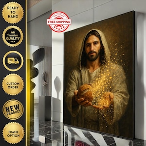 Radiant Jesus Holding Bread Canvas Wall Art Print  Spiritual Living Room Decor  Statement Piece