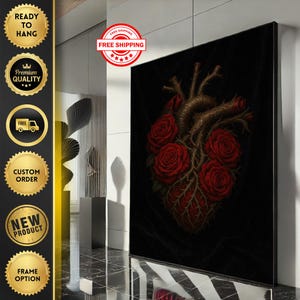 Dark Heart and Roses Leinwand Wand Kunst Druck Gothic Wohnzimmer Dekor Statement Piece