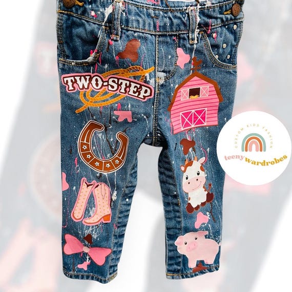 Pink Rodeo Theme Custom Personalized Character Denim Overalls Birthday Outfit - Shirt and Overall Set - Kid Birthday Outfit