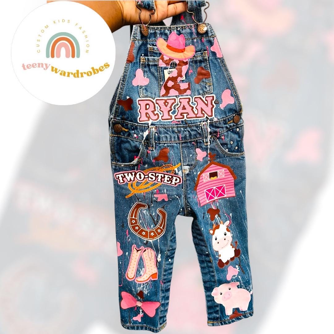Pink Rodeo Theme Custom Personalized Character Denim Overalls Birthday Outfit - Shirt and Overall Set - Kid Birthday Outfit