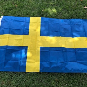 May include: A blue flag with a yellow Nordic cross design, representing the flag of Sweden. The flag is rectangular and lies on a bed of green grass. The yellow cross extends to the edges of the flag.