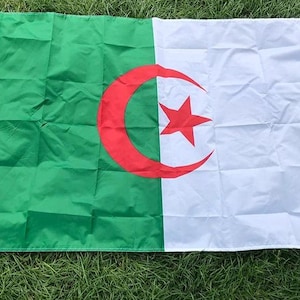 Peut inclure: Drapeau algérien, composé d'un bicolore vertical vert et blanc. Le côté vert présente un croissant et une étoile rouges. Le drapeau rectangulaire est en tissu, posé sur de l'herbe verte.