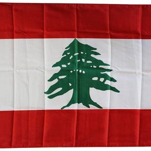 Op de afbeelding: De vlag van Libanon heeft een groene cederboom op een witte streep tussen twee rode strepen.