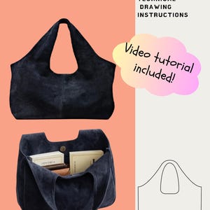 Puede incluir: Dos imágenes de un bolso tote de ante azul marino. La imagen superior muestra el bolso vacío, mientras que la imagen inferior muestra el bolso lleno de libros. El texto de la imagen dice "OPIA PATTERNS" y "BAG PATTERN TECHNICAL DRAWING INSTRUCTIONS". Un bocadillo dice "Video tutorial included!"