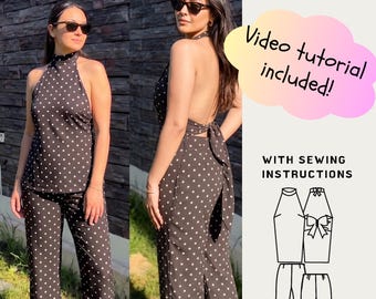 Halter rugloze top wijde pijpen broek naaipatroon | Set voor beginners (digitale download)