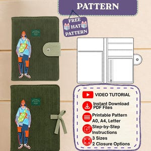 May include: A digital sewing pattern for a corduroy notebook cover featuring an embroidered character, including a technical line drawing, a video tutorial, and printable PDF files in A0, A4, and Letter sizes with two closure options.
