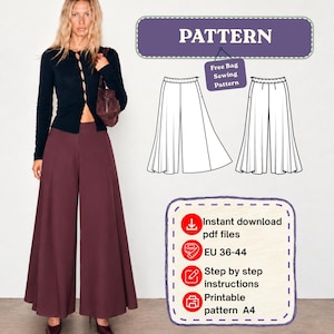 May include: A sewing pattern for wide-leg trousers featuring a black long-sleeve top and burgundy pants. The graphic includes the text PATTERN, Free Bag Sewing Pattern, Instant download pdf files, EU 36-44, Step by step instructions, and Printable pattern A4.