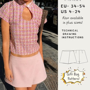 Pode incluir: Um molde de mini saia-calção com o texto MINI SKORT PATTERN EU- 34-54 US 4-24 Also available in plus sizes! TECHNICAL DRAWING INSTRUCTIONS e Gift Bag Pattern! A imagem mostra um top de manga curta xadrez rosa com decote em forma de gota.