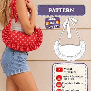 May include: A red crescent-shaped shoulder bag with white polka dots and a ruffled edge, featuring a tie strap. Includes a line drawing of the bag, text reading PATTERN, FREE HAT PATTERN, VIDEO TUTORIAL, Instant Download PDF Files, Printable Pattern A4, and Step-by-Step Instructions.