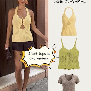 May include: A digital pattern guide titled Opia Patterns for three knit tops in sizes XS-S-M-L. The image displays a yellow halter top with a central ring, a green sleeveless top with a scalloped hem, and a short-sleeved brown v-neck knit top.