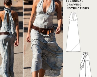 Naaipatroon maxi-jurk met halter zonder rug | Boho zomer open rug (pdf-patroon)