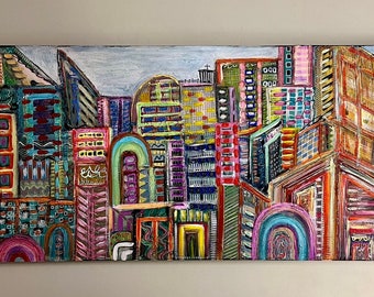 City painting, abstract handpainted original, 24x48 landscape painting, textured cityscape canvas acrylic, foil gold leaf, ready to ship art
