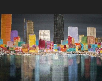 City Painting Large abstract  24x48 Multicolored Canvas, City Abstract, Cityscape, Custom City, Living Room, Office Art, night skyline art