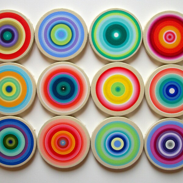 Original Canvas Circles Set of 12 Beautiful Colorful Halos Acrylic on Cotton Stretched Canvas Circle Frames Ready to ship