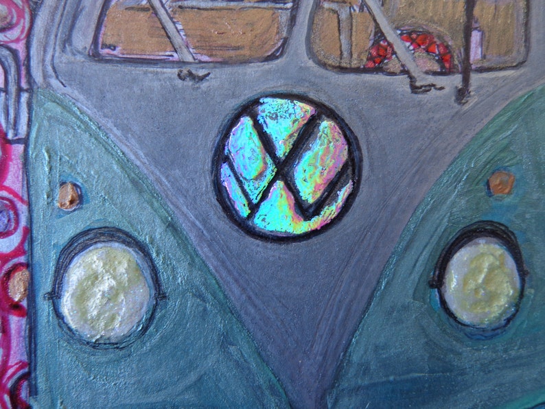 Original VW drawing, watercolor, ink, acrylic on Bristol Paper Beautiful Colors Unframed Heather Montgomery Art, holo foil, hippy art VW luv image 5