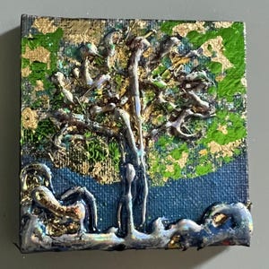 Tree art 3d Original abstract textured handpainted canvas art home decor contemporary art 3x3 small miniature art canvas, small treescape