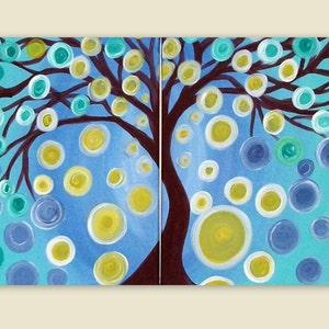 Original Tree Landscape Abstract Acrylic on Canvas Beautiful Colors 2 Piece set 16x20, treescape whimsical wall art handpainted, foil art Bild 3