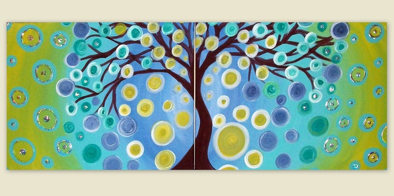 Original Tree Landscape Abstract Acrylic on Canvas Beautiful Colors 2 Piece set 16x20, treescape whimsical wall art handpainted, foil art Bild 3