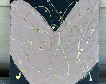 Heart painting, plaster beige tan textured heart, silver and gold leaf, foil shine, Mothers Day, baby abstract heart love art,  black canvas