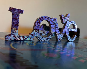 Love word painting, wall or table decor, handpainted abstract Love art Letters wall hanging, love painting, holographic colorful 3D letter