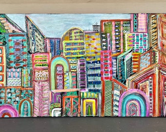 City painting, abstract handpainted original, 24x48 landscape painting, textured cityscape canvas acrylic, foil gold leaf, ready to ship art