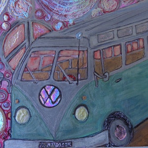 Original VW drawing, watercolor, ink, acrylic on Bristol Paper Beautiful Colors Unframed Heather Montgomery Art, holo foil, hippy art VW luv image 2