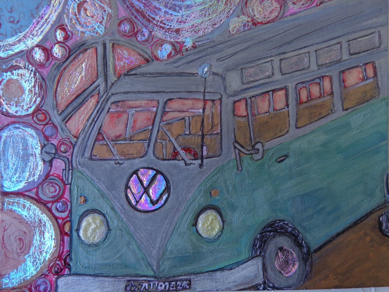 Original VW drawing, watercolor, ink, acrylic on Bristol Paper Beautiful Colors Unframed Heather Montgomery Art, holo foil, hippy art VW luv image 2