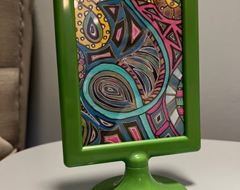 2 piece original abstracts on 7x5”  2 original designs set, desk, shelf art, gift for mom, love, anniversary, modern lime green frame art