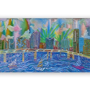 May include: A colorful painting of a city skyline with a bridge and water in the foreground. The sky is a vibrant mix of pink, yellow, and green, with clouds and sun rays. The buildings are a variety of colors and shapes, and the water is a deep blue with white waves.