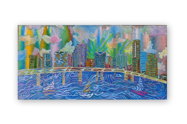 May include: A colorful painting of a city skyline with a bridge and water in the foreground. The sky is a vibrant mix of pink, yellow, and green, with clouds and sun rays. The buildings are a variety of colors and shapes, and the water is a deep blue with white waves.