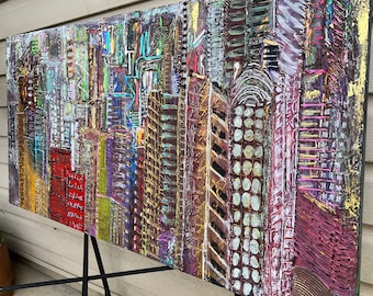 Textured Cityscape Painting, Large Multicolor Canvas Art (24x48)