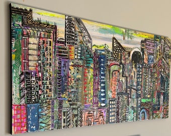 City painting big original acrylic on canvas gold leaf textured modern wall decor 24x48 beautiful shine, Large cityscape art, abstract city