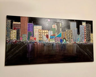City Painting Large abstract  24x48 Multicolored Canvas, City Abstract, Cityscape, Custom City, Living Room, Office Art, night skyline art