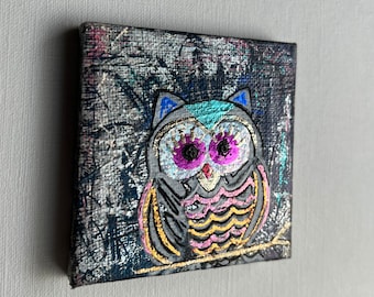 Owl, Original 3x3 painting on canvas, acrylic, colorful shiny, glitter foil, cute handpainted gift for Owl lovers, art miniature, birthday