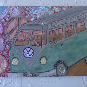 Original VW drawing, watercolor, ink, acrylic on Bristol Paper Beautiful Colors Unframed Heather Montgomery Art, holo foil, hippy art VW luv image 1