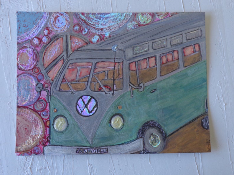 Original VW drawing, watercolor, ink, acrylic on Bristol Paper Beautiful Colors Unframed Heather Montgomery Art, holo foil, hippy art VW luv image 1