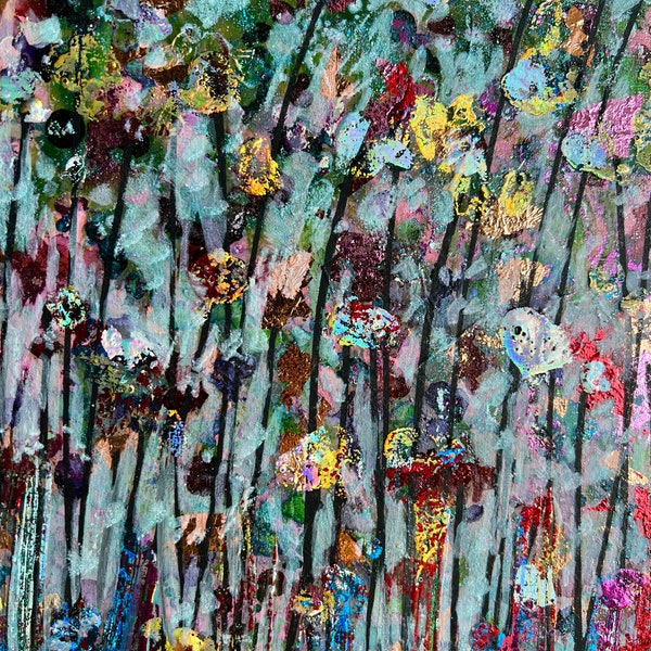 Flowers painting light reflecting beautiful iridescence prismatic multicolor, small flowers art, modern floral art, gold leaf, foil wall art