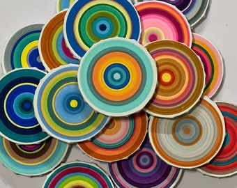 18 Kreisgemälde auf Leinwand, abstraktes, mehrfarbiges, eklektisches Design, zeitgenössische moderne Kunst aus der Mitte des Jahrhunderts, Bullseye-Kunst, Pop-Art