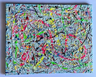 Original Acrylic textured painting layered design, happy dopamine art, fluorescents, matte, metallics, splatter, drip, pollock inspired art