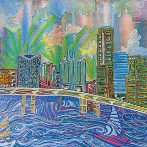 A painting of a city skyline with  sailboats in the water below. The buildings are drawn in a cartoon style with bright colors, including blue, green, yellow, and orange. The sky is a light blue with pink and purple clouds. The water is a dark blue with white waves. The sailboat is white with a red sail.